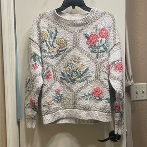 L.L. Bean Light Gray Floral Crew Neck Sweater